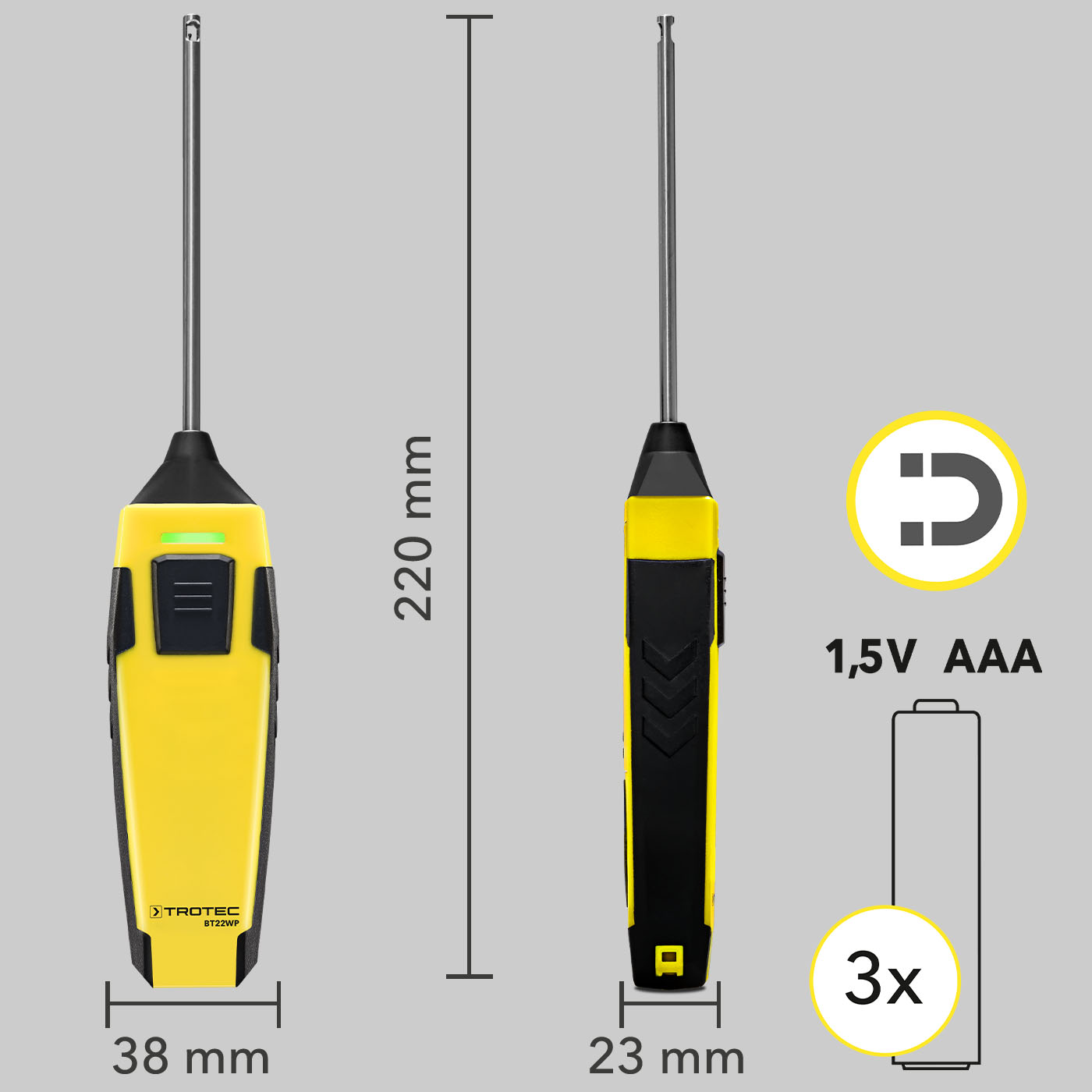 BT22WP - Dimenzije, baterija(e) i držač magneta