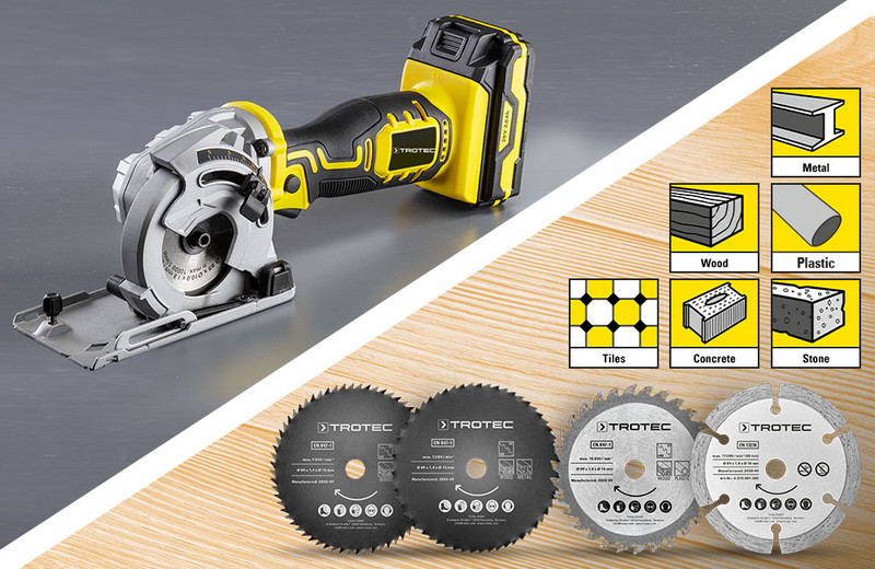 Mini cordless portable circular saw PCSS 05-20V and sets at a glance: